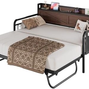 LIKIMIO Twin Daybed, Day Beds with Pop Up Trundle, Storage Headboard with Charging Station, Strong Supports for Living Room, Bedroom, and Guest Room, Dark Brown
