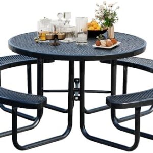 8-Person Picnic Tables for Outdoors, Industrial 46" Expanded Metal Round Picnic Table with 4 Benches & Umbrella Hole, Outside Table and Bench Set for Park, Garden, Backyard, Patio, Black