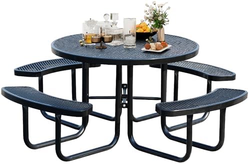 8-Person Picnic Tables for Outdoors, Industrial 46" Expanded Metal Round Picnic Table with 4 Benches & Umbrella Hole, Outside Table and Bench Set for Park, Garden, Backyard, Patio, Black