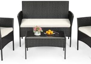 FDW | 4-Piece Patio Furniture Set | Black | Outdoor Wicker Furniture with Coffee Table | Modern Rattan Chairs Conversation Set | Outdoor Seating | Weather-Resistant | for Porch, Garden, Lawn