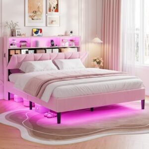 Queen Bed Frame with Storage Headboard,Power Outlet, Modern Velvet Upholstered Platform Bed LED Bed Frame with 5 Storage Shelves, No Box Spring Needed, Pink