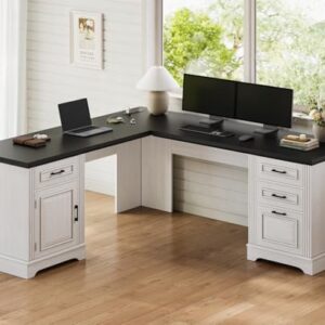 Itaar Farmhouse Executive L Shaped Desk, Home Office Desk with File Drawer and Power Outlet, Computer Corner Desk with Drawers and Storage Cabinet, Workstation for Office Home, White