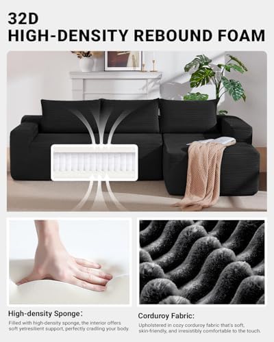 96 Inch Cloud Sectional Couch,Modern Modular Sectional Sofa with Deep Seat,Corduroy Boneless Couches with L-Shape Chaise for Living Room Bedroom,No Assembly Required (Black, Right Facing Chaise)