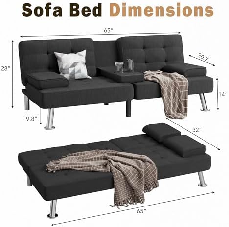 Shahoo Modern Linen Upholstered Convertible Folding Futon Sofa Bed with Removable Armrests, Metal Legs, 2 Cup Holders for Living Room, Black