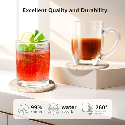 Coasters Set of 8 for Drinks, Beer, Coffee, Cotton Woven 4 Colors Absorbent Coaster with Holder, Boho Coasters for Home Decor Tabletop Protection Suitable for Kinds of Cups, Coffee