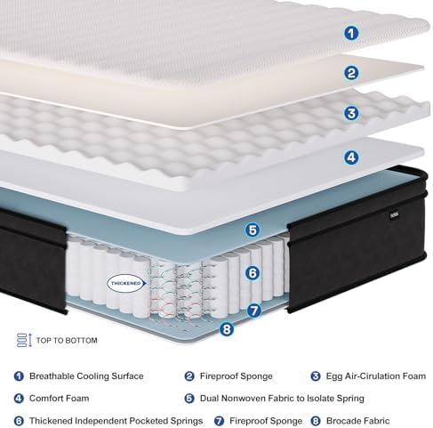 Hotkid,Queen Mattress,10 Inch High Density Foam Hybrid Mattresses in a Box with Individual Pocket Spring,Queen Size mattresses,Breathable Supportive and Pressure Relief,Guest and Kids Bedroom