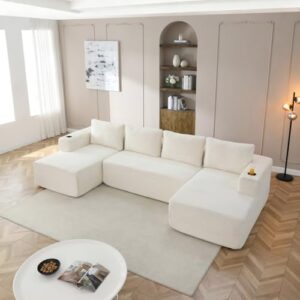 132" Modular Sectional Sleeper Sofa, Boneless Cloud Couch for Living Room, U Shaped 5 Seat Sofa with 2 Cup Holders, Free Combination, No Assembly Required (Beige)