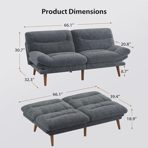 Pipishell Futon Sofa Bed, 66 Inch Corduroy Futon Couch Convertible with Adjustable Backrest and Armrests, Recliner Sleeper Sofa for Small Spaces, Living Room, Office, Guest Room (Grey, 66 Inch)