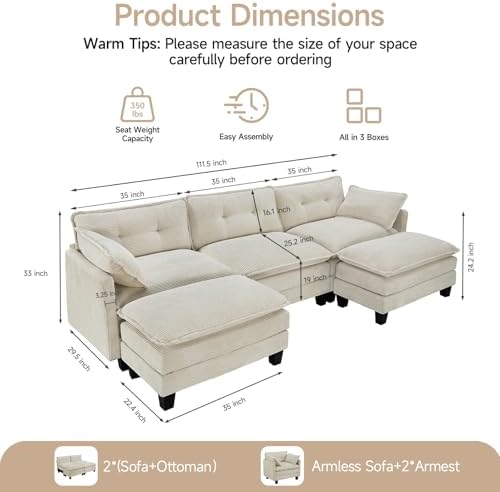 Modular Sectional Sofa, 111.5" U-Shaped Corduroy Comfy Sectional Couches for Living Room, 3-Seater Cloud Couches with 2 Movable Ottomans, Flexible Combination Modern Deep Seat Sofa (Beige)