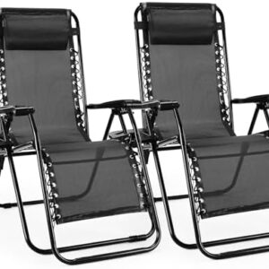 Sweetcrispy Zero Gravity Chairs, Set of 2 Portable Recliner Beach Camping Patio Outdoor Folding Lounge Chair with Cup Holder Trays and Adjustable Pillow for Poolside, Garden, Backyard, Lawn (Black)