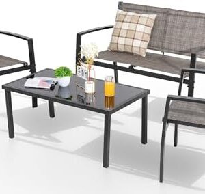 Shintenchi 4 Pieces Patio Furniture Set All Weather Textile Fabric Outdoor Conversation Set, with Glass Coffee Table, Loveseat, 2 Single Chairs for Home, Garden, Lawn, Porch（Light Brown）