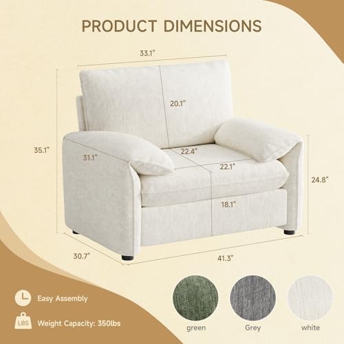 ONBRILL Oversized Accent Chair, 41 Inch Chenille Fabric Armchair, Comfy Single Sofa Chair with Padded Arms, Pocket Spring Cushion, Modern Reading Chair for Living Room, Bedroom, Beige