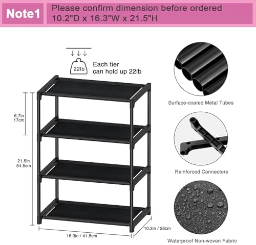 4 Tier Small Shoe Rack, Narrow Stackable Kids Toddler Adult Shoe Storage Organizer Shelf for Closet Floor Entryway Bedroom, Space Saver Shoe Rack Organization Shelves