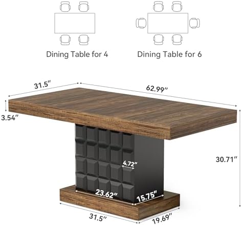 LITTLE TREE 63" Modern Dining Table, Rectangular Dinner Table for 4-6, Farmhouse Kitchen Table, Sturdy Wood Pedestal Base for Kitchen/Dining Room, Rustic Brown & Black