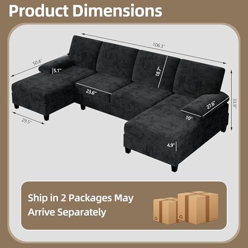 Shintenchi U-Shaped Sectional Couches for Living Room, 4 Seat Sofa with Double Chaise Lounges,Solid Wood Frame Sectional Sofa for Apartment,Black