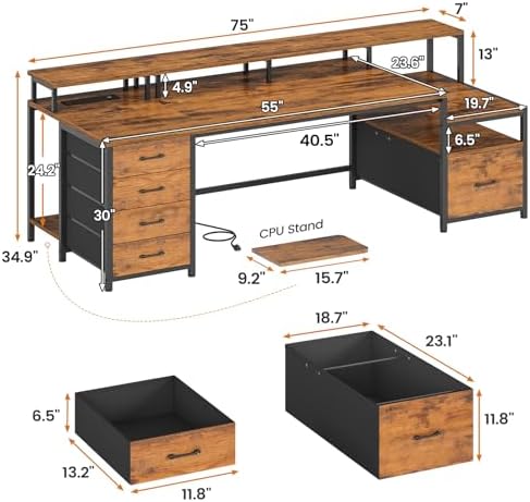 SEDETA Home Office Desk with File Drawer & Power Outlet, 75'' Large Computer Desk with 5 Drawer, Storage Shelves, Monitor Shelf and Led Lights, 23.6" W Desktop Gaming Desk, Rustic Brown