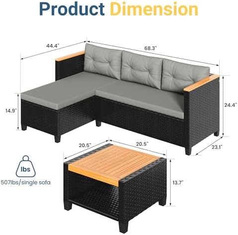 Wisteria Lane Small Patio Furniture Set, All-Weather PE Rattan Outdoor Sectional Sofa with Storage Table, L Shape Outdoor Couch with Cushions, 3 Piece Wicker Patio Furniture for Balcony, Grey