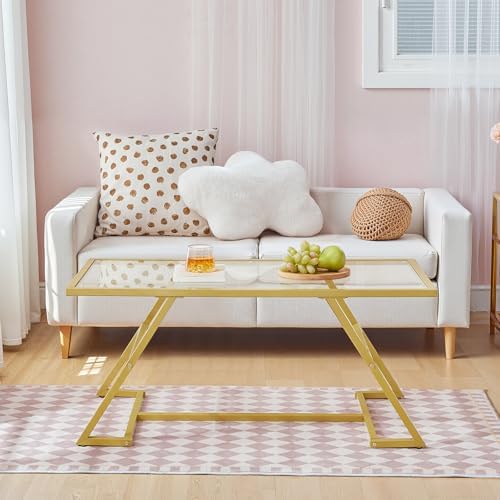 HOOBRO Coffee Table, Rectangular Gold Coffee Table, Modern Glass Center Table, 2-Tier Center Tea Tables with Metal Frame for Living Room, Home Office, Gold GD11KF01