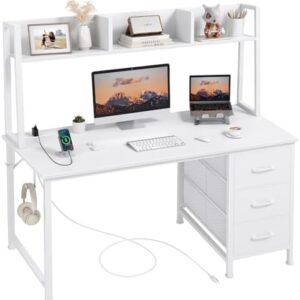 DLisiting White Computer Desk with Hutch & Drawers - Office Desk with 3 Storage Drawers and Power Outlets, 47 Inch Modern Study Writing Desk for Bedroom Home Office