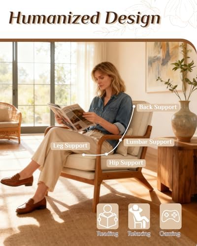 Karl home Accent Chair Mid-Century Modern Chair with Pillow Linen Fabric Upholstered Lounge Arm Chair with Solid Wood Frame & Soft Cushion for Living Room, Bedroom, Balcony, Beige