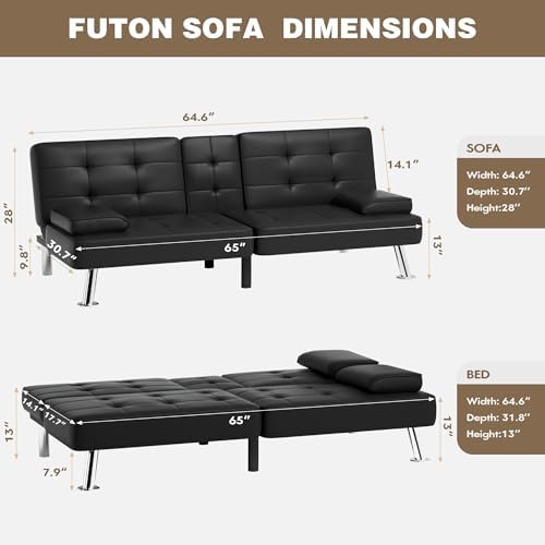 Homall Futon Sofa Bed, Leather Futon Couch with Removable Armrests, Adjustable Recliner Sleeper Sofa Bed with Dual Cup Holders for Living Room, Apartment, Office (Black)