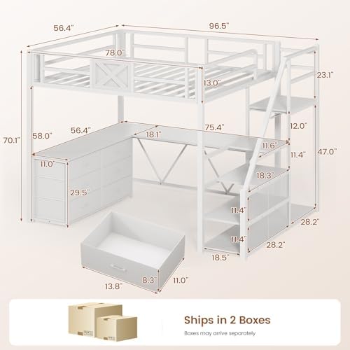 Itaar Full Size Loft Bed with Desk and Storage Stairs, Metal Loft Bed with 6 Storage Drawers, Hall Tree, LED Lights and Power Outlet, for Kids, Teens, Adults, White