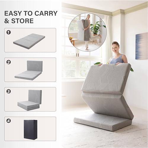 MLILY Tri-Fold Memory Foam Mattress Topper, 4 inch Single Folding Mattress with Collapsible and Washable Cover, Travel and Guest Mat, 75"×25"×4", Grey