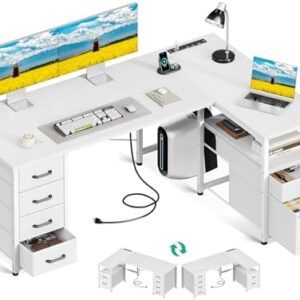 Coleshome L Shaped Computer Desk with 6 Drawers & Power Outlet, 55 Inch Corner Desk with Reversible Storage Shelf & File Drawer, Home Office Desk, White
