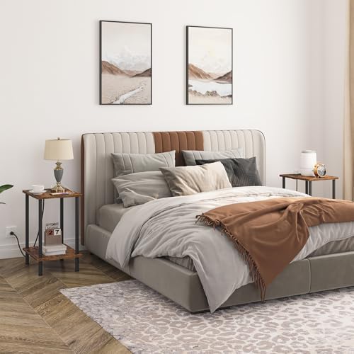 HOOBRO Side Table with Charging Station, Set of 2 End Tables with USB Port and Outlets, Nightstand with 2-Layer Storage Shelves for Small Spaces, Living Room, Bedroom, Rustic Brown BF09UBZP201