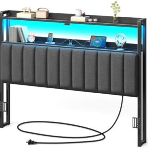 Rolanstar Headboard for Queen Size Bed with Storage, 60,000 DIY Color of LED Light, Head Board with USB & Type C Port, Height Adjustable, Black Upholstered Cabeceras de Cama Comfortable Modern, Linen