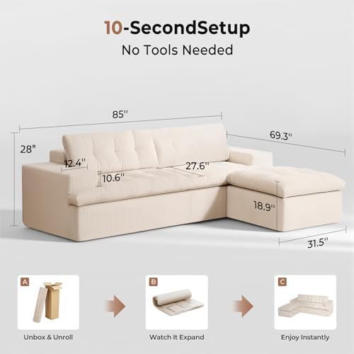 Cloud Sectional Boneless Sofa with Ottoman, Modular L Shaped Couch with Layered Cushion, Fluffy Comfy Couches for Living Room, No Assembly, Dark Grey