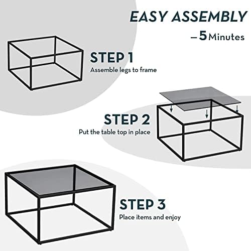 SAYGOER Glass Coffee Table, Small Modern Coffee Table Square Simple Center Tables for Living Room 26.7 x 26.7 x 17.7 Inches, Gray Black