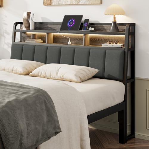 Queen Headboard Only with Storage, Upholstered Headboards for Queen Size Bed with LED Light, Charging Station, Height Adjustable, Sturdy and Stable Headboard, Black & Grey