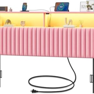 Rolanstar Headboard for Full Size Bed with Storage, Head Board with USB & Type C Port, 60,000 DIY Color of LED Light, Velvet Upholstered, Height Adjustable, Sturdy, Easy Assembly, Pink