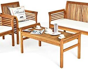 Tangkula 4 Piece Outdoor Acacia Wood Sofa Set with Water Resistant Cushions, Padded Patio Conversation Table Chair Set w/Coffee Table for Garden, Backyard, Poolside (1)