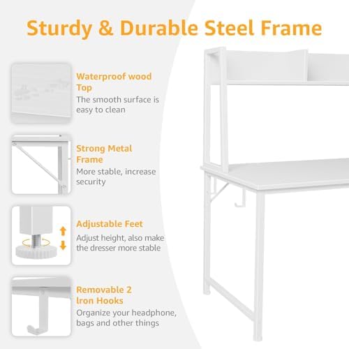 DLisiting White Computer Desk with Hutch & Drawers - Office Desk with 3 Storage Drawers and Power Outlets, 47 Inch Modern Study Writing Desk for Bedroom Home Office