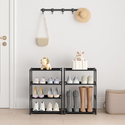 4 Tier Small Shoe Rack, Narrow Stackable Kids Toddler Adult Shoe Storage Organizer Shelf for Closet Floor Entryway Bedroom, Space Saver Shoe Rack Organization Shelves