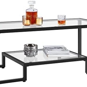Yaheetech Coffee Table, Tempered Glass Coffee Table, Modern Simple Center Tables w/Geometric-Inspired Design & Metal-Frame & Easy Assembly & Open Storage Shelf for Living Room, Office, Black