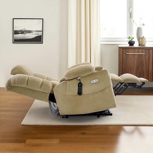 MCombo Large Triple Motor Power Lift Recliner Chair with Massage and Dual Heating, Adjustable Headrest for Tall Elderly People, Fabric 7634 (Beige, Large)