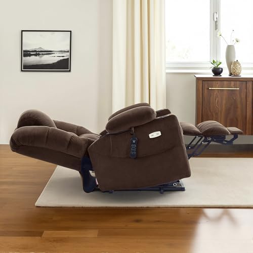 MCombo Large Triple Motor Power Lift Recliner Chair with Massage and Dual Heating, Adjustable Headrest for Tall Elderly People, Fabric 7634 (Coffee, Large)