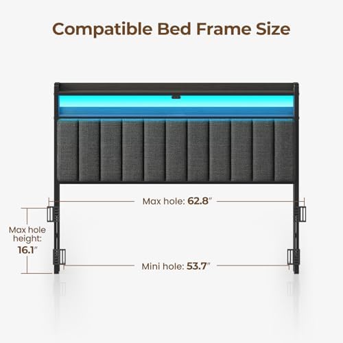 Rolanstar Headboard for Queen Size Bed with Storage, 60,000 DIY Color of LED Light, Head Board with USB & Type C Port, Height Adjustable, Black Upholstered Cabeceras de Cama Comfortable Modern, Linen