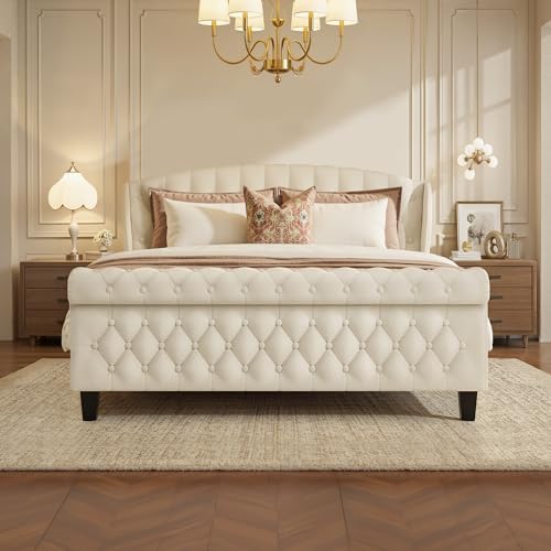 HISOFT Queen Platform Bed Frame, Velvet Upholstered Sleigh Bed with Wingback Tufted Headboard and Footboard, Quiet & Stable Support, No Box Spring Needed, Noise-Free Design, Easy Assembly, Beige