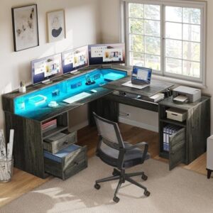YITAHOME L Shaped Desk with Power Outlets & LED Lights, 60" Corner Computer Desk with Drawers & Lift Top, Home Office Desk with Monitor Stand & File Cabinet, Wood Height Adjustable Desk, Grey