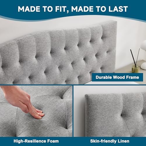 Tufted Upholstered Linen Fabric Queen Headboard Only, Headboard Queen Size with Adjustable Height from 38"–50",Durable Modern Diamond Design Wood Headboads, Light Gray