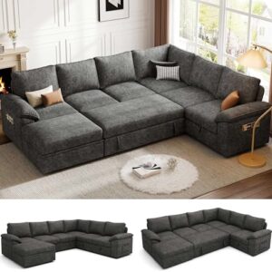 108 Inch Sectional Sleeper Sofa with Pull Out Bed, U Shaped 7 Seat Modular Sectional Sofa with Storage, Sectional Couches for Living Room, Cloud Modular Couch,Removable Sofa Cover, Dark Grey