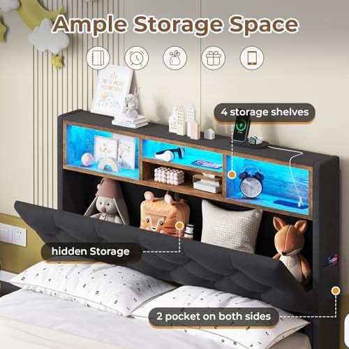 Twin Size Bed Frame with Hidden Storage Headboard and 4 Drawers, Upholstered Platform Bed Twin with LED Lights & Charging Station, No Box Spring Needed, Noise-Free, Dark Grey