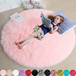 Amdrebio Light Pink Round Circle Rug 4Ft for Girls Bedroom, Fluffy Cute Area Rugs for Kids Room Decor Aesthetic, Kawaii Shag Fuzzy Fur Carpet for Nursery, Preppy Dorm, Classroom, Playroom, Teen, Baby