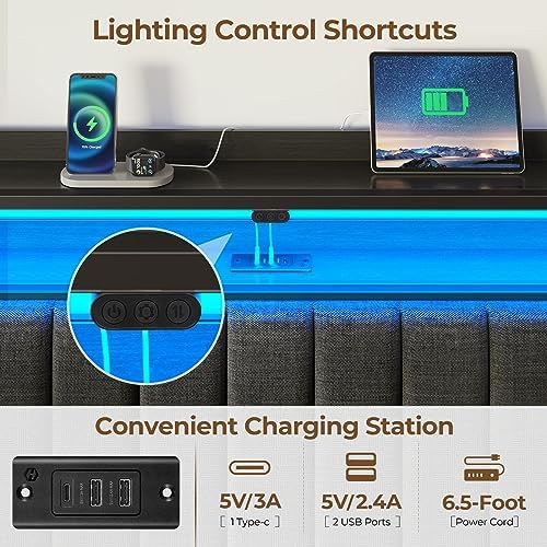 Rolanstar Headboard for Queen Size Bed with Storage, 60,000 DIY Color of LED Light, Head Board with USB & Type C Port, Height Adjustable, Black Upholstered Cabeceras de Cama Comfortable Modern, Linen