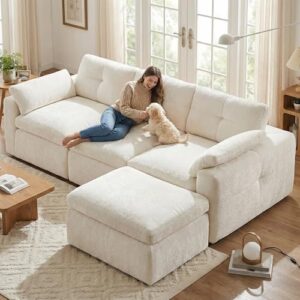 111.4" Cloud Sectional Couches for Living Room, Boneless L Shaped Couch with Ottoman, 3 Seater Modular Sectional Sofa, White