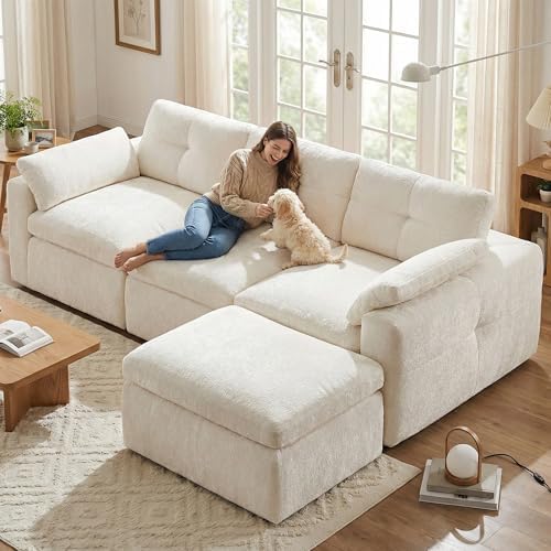 111.4" Cloud Sectional Couches for Living Room, Boneless L Shaped Couch with Ottoman, 3 Seater Modular Sectional Sofa, White